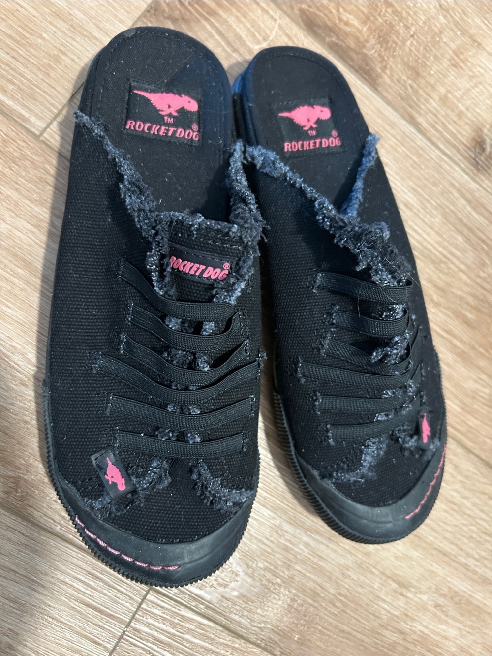Rocket Dog Black Slip-On Mules with Pink Logo Accents